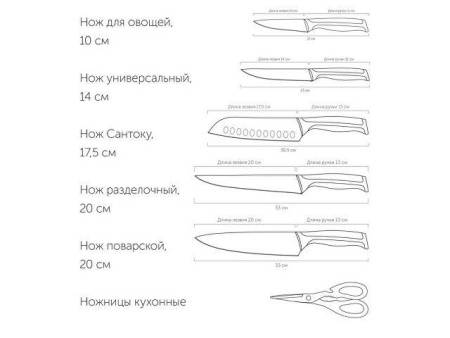 Набор из 5 кухонных ножей, ножниц и блока для ножей с ножеточкой, NADOBA, серия URSA