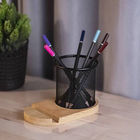 Набор: подставка под телефон SATELLIT со стаканом для канцелярских принадлежностей, бежевый/черный, 