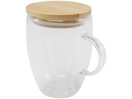 Стеклянная кружка Leona объемом 350 мл с бамбуковой крышкой - прозрачный