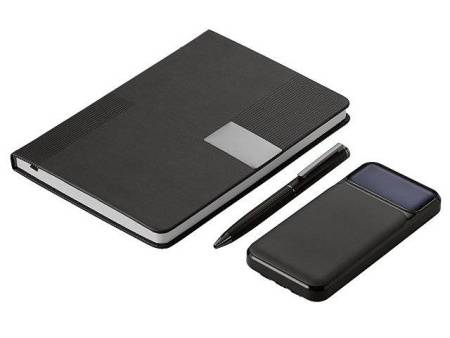 Подарочный набор "Tesla" с блокнотом А5, ручкой и пауэрбенком на 10 000 mAh, черный