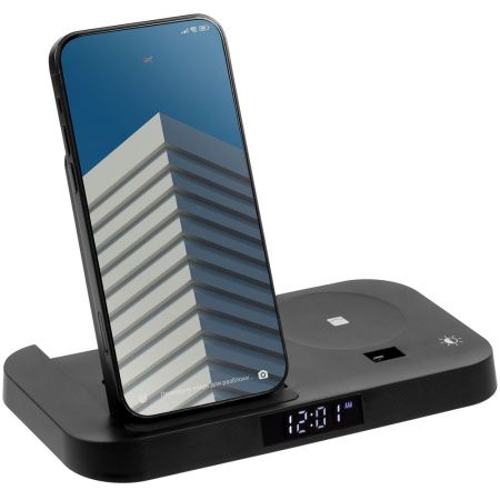 Зарядная станция с будильником Clock Nest, черная Зарядная станция с будильником Clock Nest, черная