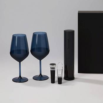 Подарочный набор 2 бокала для вина Sapphire + набор для вина с электрическим штопором Sacramento, в черной коробке