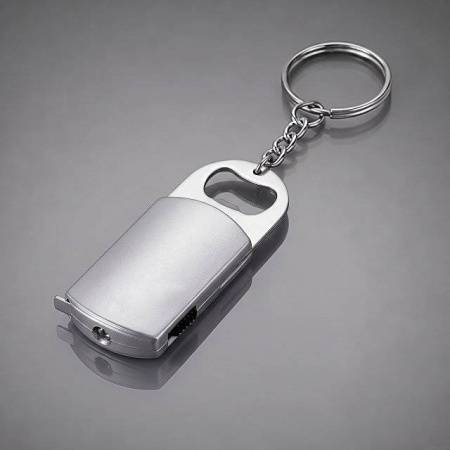 Брелок-открывалка с рулеткой и фонариком "Open", серебристый