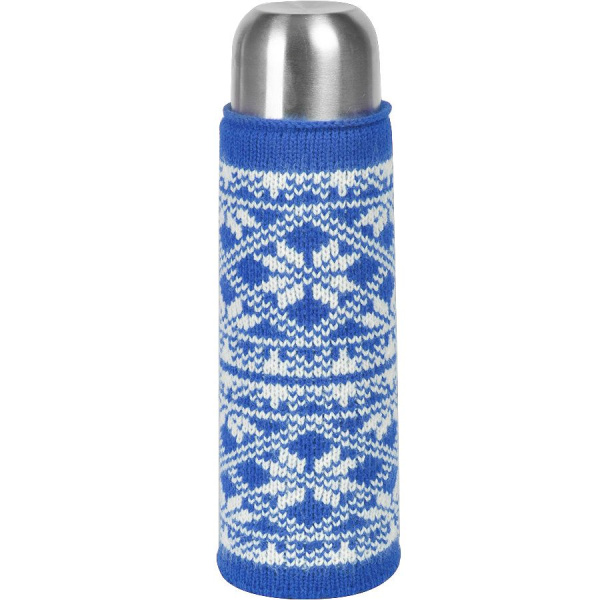 Чехол  вязаный  на бутылку/термос "Зимний орнамент",  синий, акрил