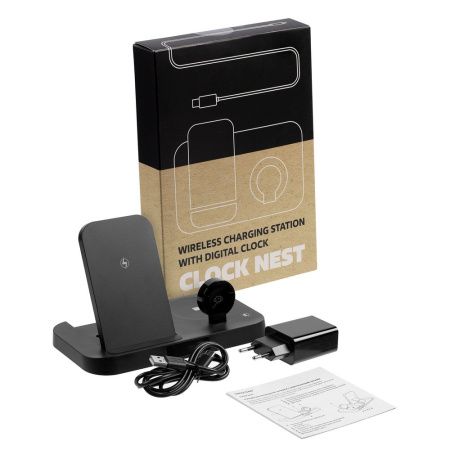 Зарядная станция с будильником Clock Nest, черная Зарядная станция с будильником Clock Nest, черная