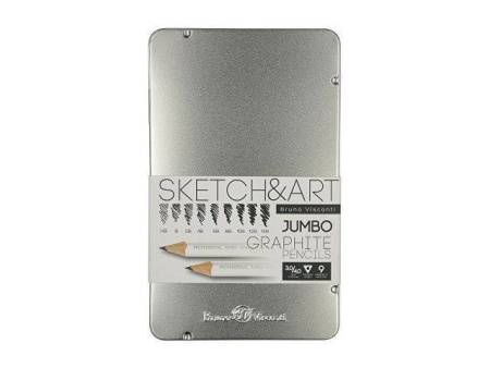 Набор чернографитовых карандашей  "Sketch & Art"  утолщенные,9 шт. hb-14b,  металлическая коробка с ложементом