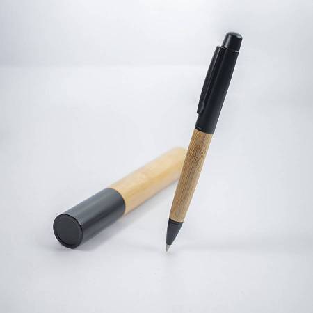 Ручка шариковая BALK в тубе-футляре, бежевый/черный, бамбук, металл