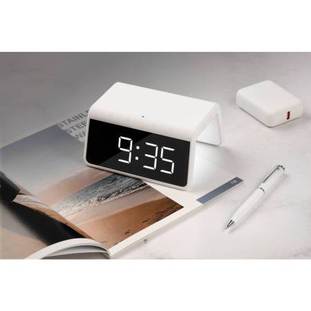Настольные часы с подсветкой и беспроводной зарядкой 15W, Flame, белый цвет Настольные часы с подсветкой и беспроводной зарядкой 15W, Flame, белый цвет