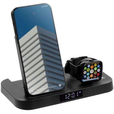 Зарядная станция с будильником Clock Nest, черная Зарядная станция с будильником Clock Nest, черная