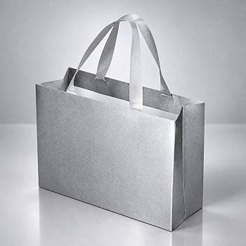 Пакет подарочный с тканевой ламинацией Сатин XL, серебристый 32×23×12 см., серебристые ручки
