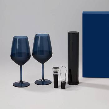 Подарочный набор 2 бокала для вина Sapphire + набор для вина с электрическим штопором Sacramento, в синей коробке